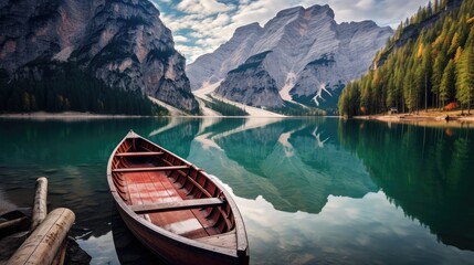 Stunning romantic place with typical wooden boats on the alpine lake,(Lago di Braies) Braies lake,Dolomites,South Tyrol,Italy,Europe Generative Ai - obrazy, fototapety, plakaty