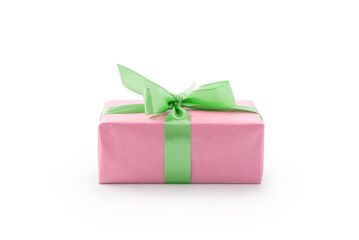 Pink paper present box with green ribbon bow isolated on white background
