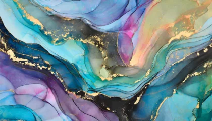 Schilderijen op glas   Currents of translucent hues, snaking metallic swirls, and foamy sprays of color shape the landscape of these free-flowing textures. Natural luxury abstract fluid art painting in alcohol ink techniq © Dakwah