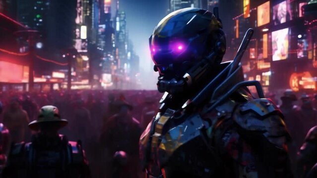 An elevated shot of a rainsoaked holographic street parade featuring a mixture of bright neon holograms and dark silhouettes cyberpunk art
