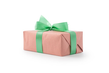 Pink paper present box with green ribbon bow isolated on white background