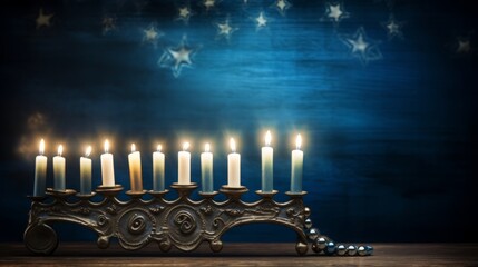 Vibrant hanukkah celebration: traditional menorah illuminated with candles on festive background