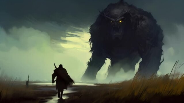 An enormous orc measuring twice the height of a man. Fantasy art concept. 