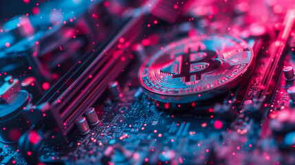 Bitcoin token on a motherboard, neon lights illustrating the concept of digital currency and blockchain technology.