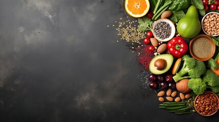 Healthy food clean eating selection: fruit, vegetable, seeds, superfood, cereal, leaf vegetable on...