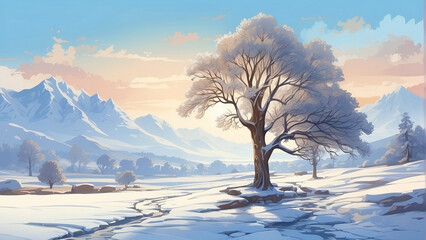 Winter Wonderland: XL Tree Landscape Illustration

