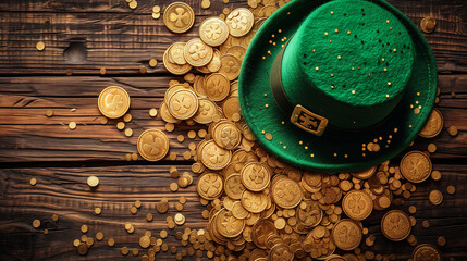 3d render of Saint Patrick's Day themed green felt hat on a pile of gold coins. - obrazy, fototapety, plakaty