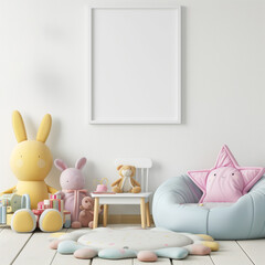 a bright children room with toys and a blank picture frame - 732285102