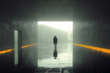 Silhouette of Man Walking in Tunnel. Light at End of Tunnel