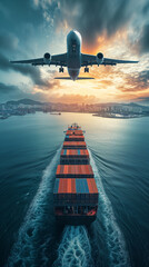 Aerial view and top view cargo plane flying above ship port in the export and import logistics international goods. - 732285190