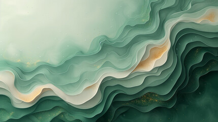 Fototapeta premium Abstract Green Waves with Golden Accents: Serene Wall Decor and Aesthetic Background. Calm Atmosphere, Layered Artwork