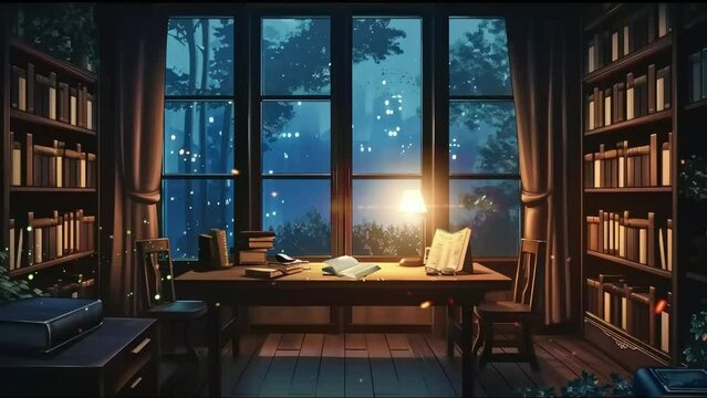 Serene Reading Nook: Wooden Table and Chair by the Window, Inviting Inspiration from Nature's Beauty. Animated fantasy background illustration style, seamless looping 4K video