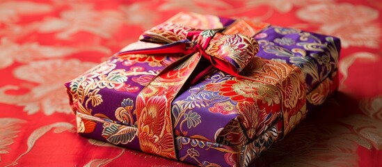 A vibrant gift box featuring a stylish bow rests on a red cloth, creating an artistic display of magenta and red. Perfect for any event or fashion accessory.