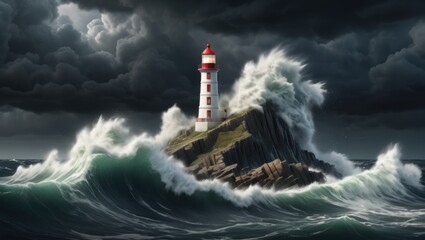 Fototapeta premium Stormy seascape crashing waves, lighthouse, dark clouds.