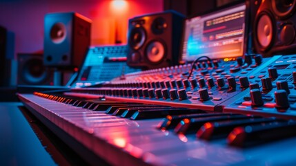 Recording studio with large recording console in neon colors