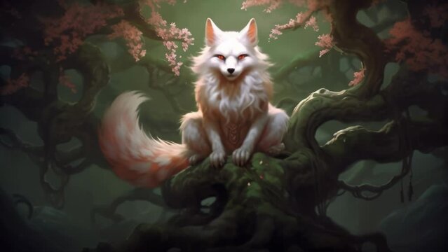 A wizened and wise kitsune sits atop the highest branch of a gnarled cherry tree its Fantasy art concept. .