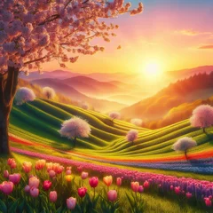 Foto op Canvas Close-up of a picturesque Easter sunrise illuminating rolling hills dotted with blossoming cherry trees and vibrant tulip fields Serene and breathtaking Ideal for creating a tranquil Easter landscape  © Franco di Giacomo