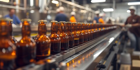 Bottles of beer on a conveyor belt in a modern brewery