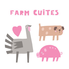 Farm animal composition. Cute hand drawn doodle sweet goose, dog, pig. Card, postcard, t shirt print, cover, poster with funny animal for kid, children