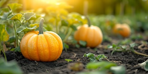 Pumpkin growing in the field. Harvesting pumpkin in autumn. - obrazy, fototapety, plakaty