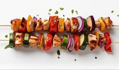 Tasty grilled chicken skewer with vegetables on wooden sticks isolated on white background, top view generative ai - obrazy, fototapety, plakaty