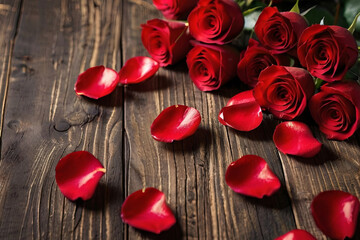 Romantic rose petals. Red petals on wooden background, perfect for Valentine's Day. Copy space available.
