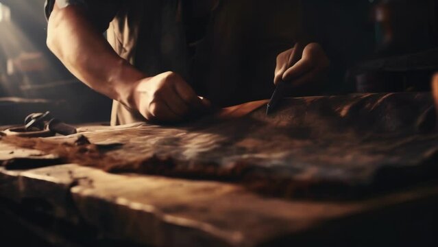 A leatherworker pounding a leather hide with a mallet to soften it.