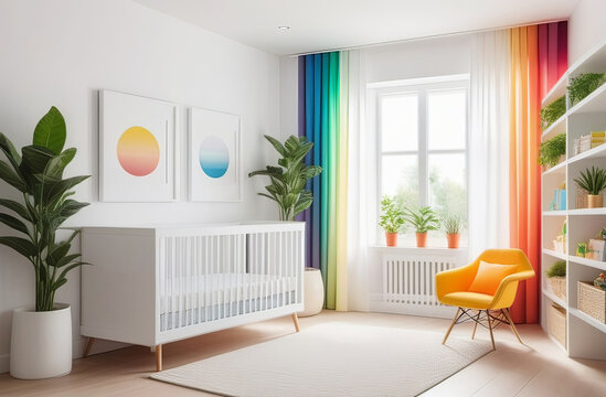 modern styled nursery in light beige and peach colors