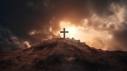 large cross on the top of the mountain - obrazy, fototapety, plakaty