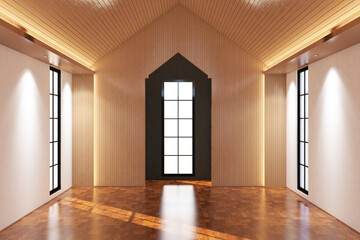 Contemporary style of mihrab of mosque. Design 3d rendering of brown wood veneer images. Design print for illustration, islamic greeting, interior, cover, ramadan, background. Set 37