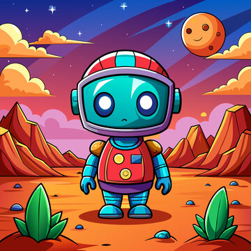 Chibi robot on Mars and in space, Chibi robot, chibi space, Generative AI.