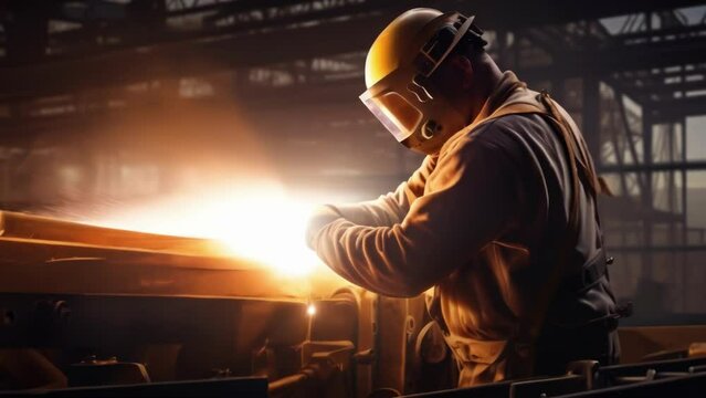 A Boilermaker overlooks the factory floor standing atop a giant steel tank they have built. The sun shining through the windows illuminates the intense concentration in their face as their hands
