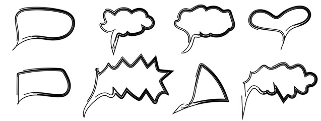 Big set Doodle Hand Drawn elements isolated on white background. Doodle Speech bubbles brush collection. Speech clouds and underline. Vector illustration. EPS 10