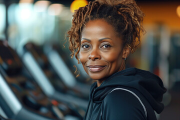 Naklejka premium A middle-aged woman smiles while exercising in a gym surrounded by a row of treadmills