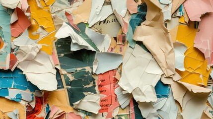 Colorful collage of mixed torn paper pieces from magazines, creating a textured and vibrant backdrop suitable for artistic projects and creative backgrounds.