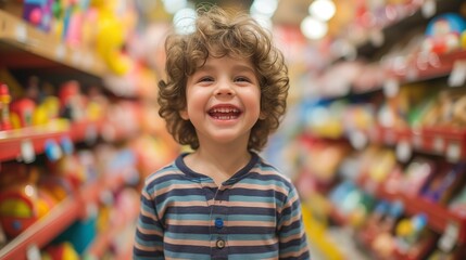 Radiant smile of a curly-haired child enjoying the colorful excitement of a toy store, dressed in a casual striped shirt, epitomizing the infectious joy of a fun day out.