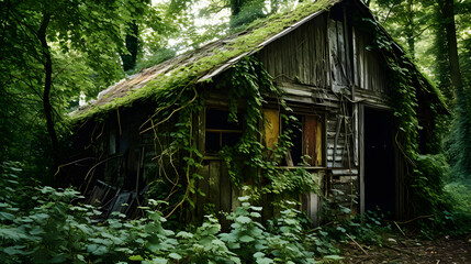 Nature's Reclaim: A Decayed Building in an Overgrown, Neglected Area with Stagnant Pond