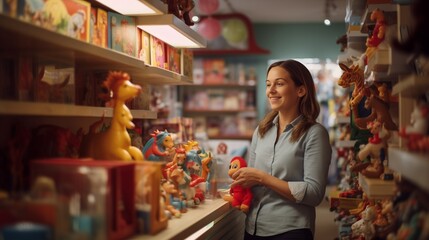 Content saleswoman organizing plush toys in a toy store, wearing a professional light blue shirt, with a variety of colorful toys in the background.
