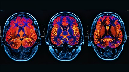 Triptych of high-resolution PET/CT brain scans in vivid colors showcasing intricate neurological structures and varying metabolic activity