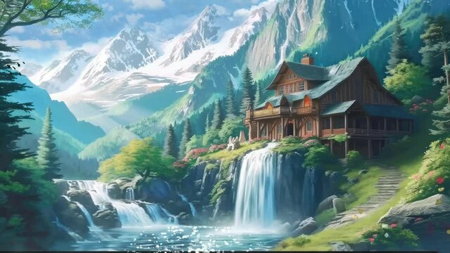 Scenic Serenity: A Picturesque Landscape Featuring a Wooden House, River, Mountains, Waterfalls, and Trees. Animated fantasy background, watercolor painting illustration style, seamless looping 4K