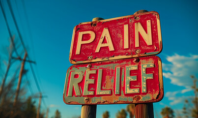 Directional sign with PAIN RELIEF against a clear sky, symbolizing guidance towards solutions for physical or emotional discomfort and recovery