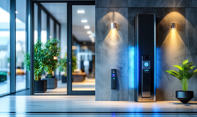 Modern office entrance with a biometric security access control system on the wall, ensuring restricted and safe entry - obrazy, fototapety, plakaty