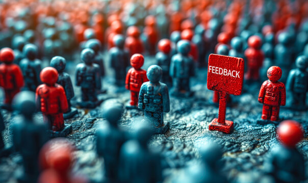 Individual holding a FEEDBACK sign stands out in a crowd of 3D figures, symbolizing the importance of feedback in a community or organization