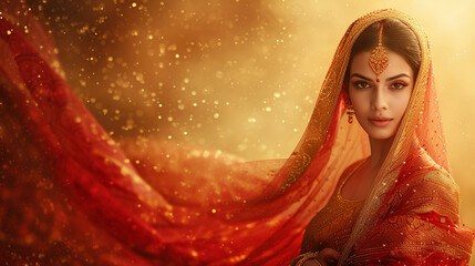 Portrait of a woman in a traditional Indian wedding dress against a background of bokeh lights. Ritual style.Indian New Year, wedding concept. Banner for design, greeting card with copy space for text