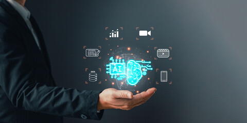 service generate content by AI concept. Man hold icon AI, Marketer education, research, analyze media video streaming content creation and online marketing strategy to grow digital business.