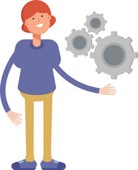 Woman Character Holding Gears

