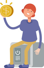 Woman Character Sitting on Safe and Holding Dollar Coin
