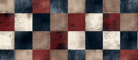 A creative arts piece featuring a close-up of a brown, rectangular building material with a symmetrical pattern in red, white, and blue checkered tints and shades.