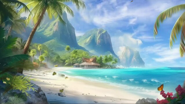 Tropical Tranquility: A Summer Haven with Palm Trees and Azure Seas. Cartoon or anime watercolor painting illustration style. seamless looping 4K time-lapse virtual video animation background