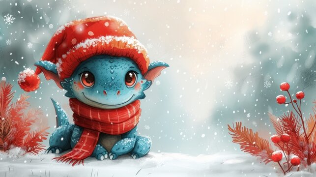 a painting of a blue creature wearing a red hat and scarf sitting in the snow with a red pom pom on it's head and a red scarf around its neck.
